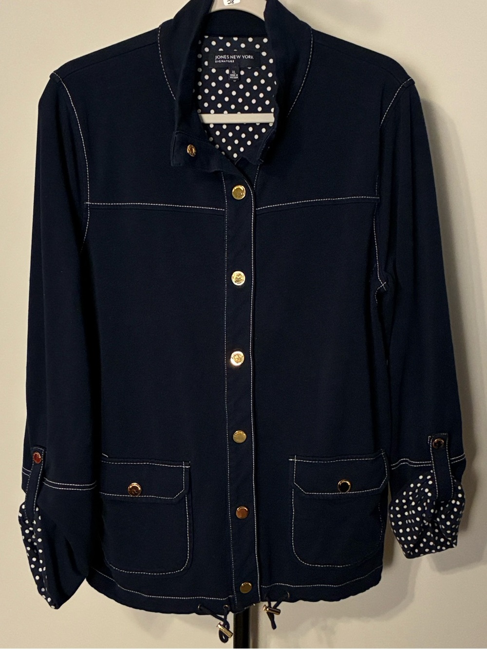 Jones New York Navy Knit Utility Jacket with Polka Dot Accents XL